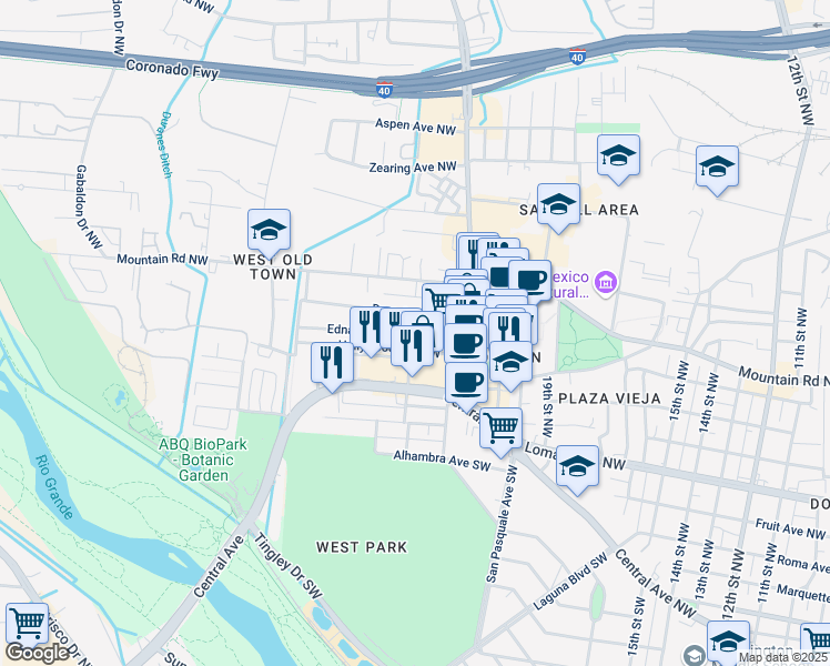 map of restaurants, bars, coffee shops, grocery stores, and more near 2129 Edna Avenue Northwest in Albuquerque