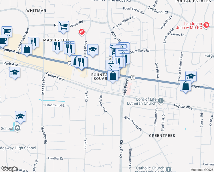 map of restaurants, bars, coffee shops, grocery stores, and more near 6620 Poplar Woods Circle South in Germantown