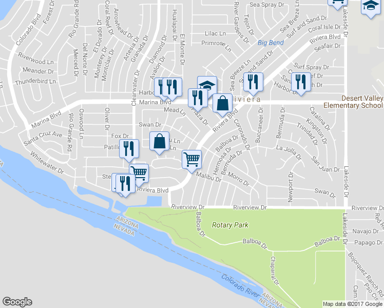 map of restaurants, bars, coffee shops, grocery stores, and more near 2141 Riviera Boulevard in Bullhead City