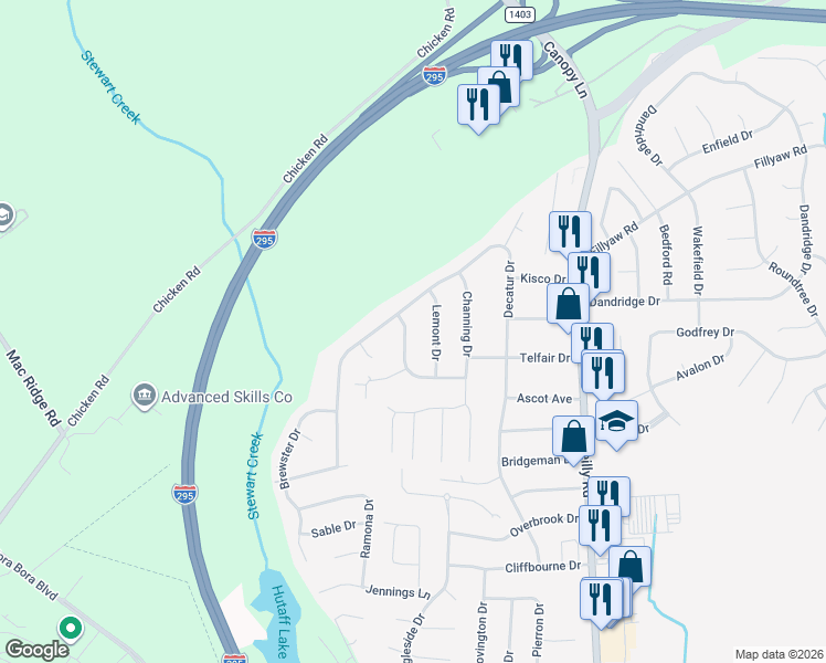 map of restaurants, bars, coffee shops, grocery stores, and more near 283 Lemont Drive in Fayetteville