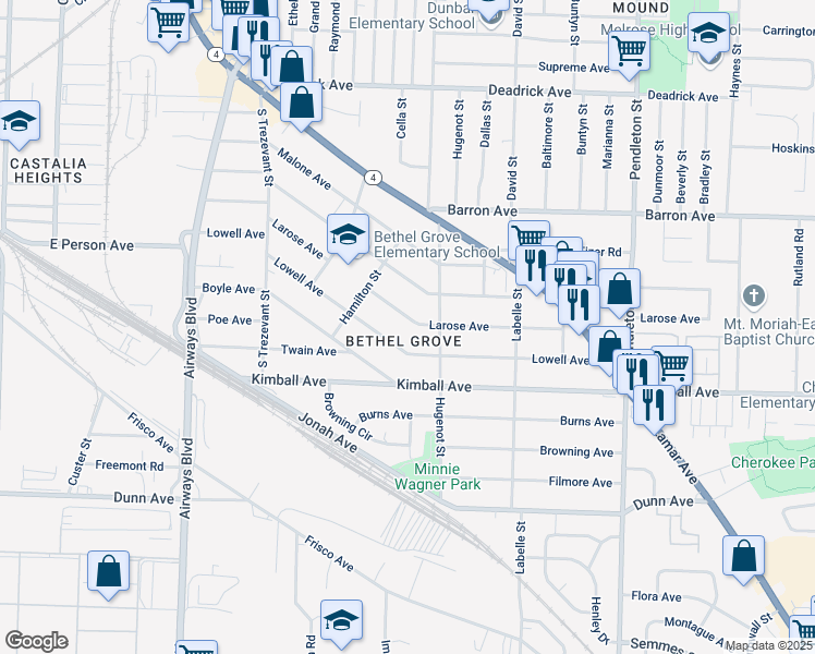map of restaurants, bars, coffee shops, grocery stores, and more near 2523 Larose Avenue in Memphis