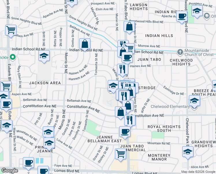 map of restaurants, bars, coffee shops, grocery stores, and more near 1500 Shirley Street Northeast in Albuquerque