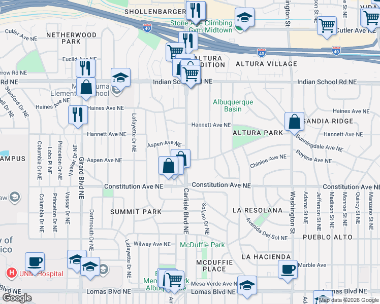 map of restaurants, bars, coffee shops, grocery stores, and more near 1511 Hermosa Drive Northeast in Albuquerque