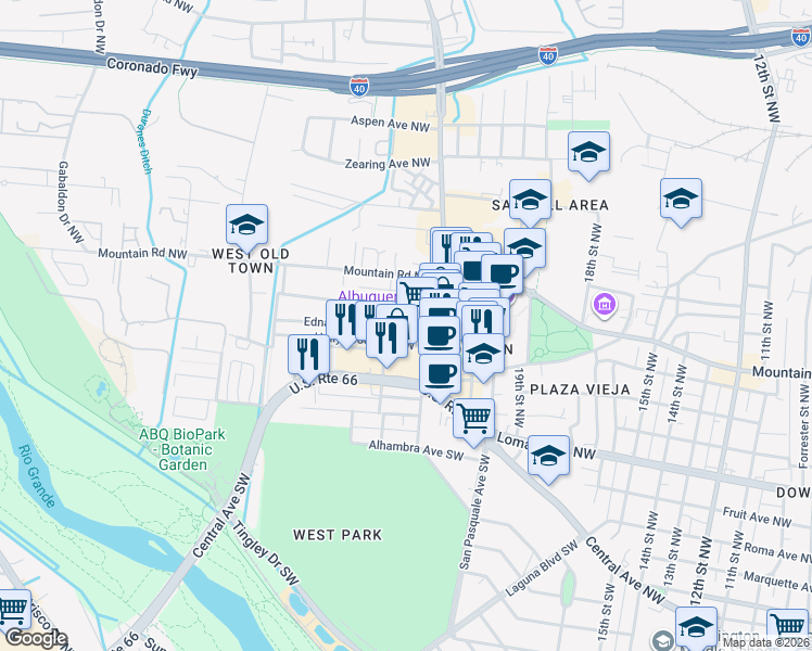 map of restaurants, bars, coffee shops, grocery stores, and more near 2129 Edna Avenue Northwest in Albuquerque