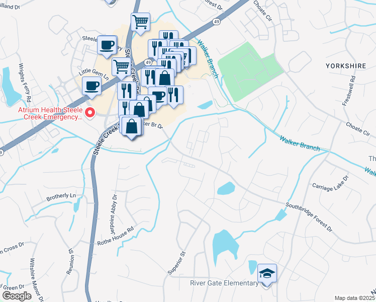 map of restaurants, bars, coffee shops, grocery stores, and more near 14535 Steele Creek Road in Charlotte