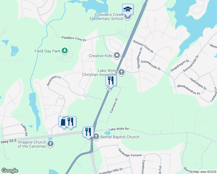 map of restaurants, bars, coffee shops, grocery stores, and more near 5801 Charlotte Highway in Clover