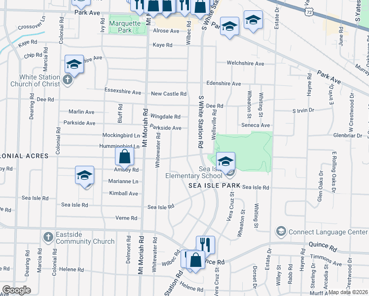 map of restaurants, bars, coffee shops, grocery stores, and more near 1272 Wilbec Road in Memphis
