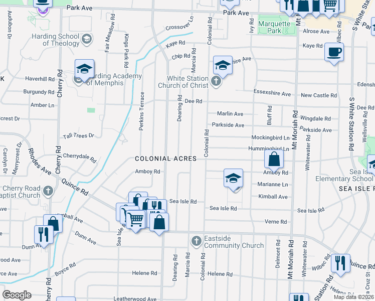 map of restaurants, bars, coffee shops, grocery stores, and more near 1270 Dearing Road in Memphis