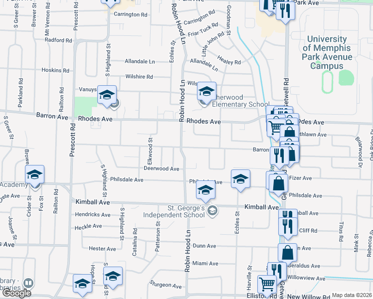 map of restaurants, bars, coffee shops, grocery stores, and more near 3675 Barron Avenue in Memphis
