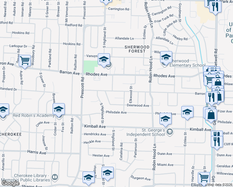map of restaurants, bars, coffee shops, grocery stores, and more near 3547 Barron Avenue in Memphis