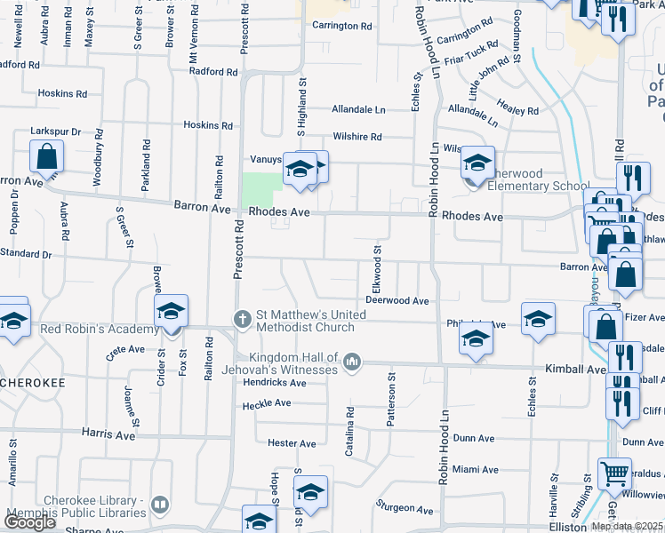 map of restaurants, bars, coffee shops, grocery stores, and more near 3547 Barron Avenue in Memphis