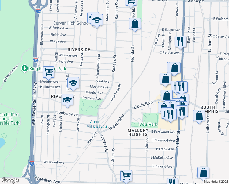 map of restaurants, bars, coffee shops, grocery stores, and more near 1844 Blair Hunt Drive in Memphis