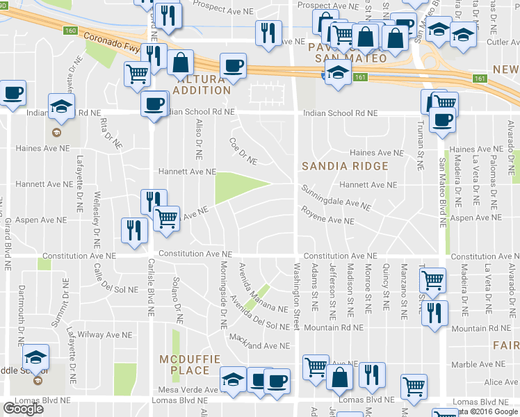 map of restaurants, bars, coffee shops, grocery stores, and more near 4300 Royene Avenue Northeast in Albuquerque