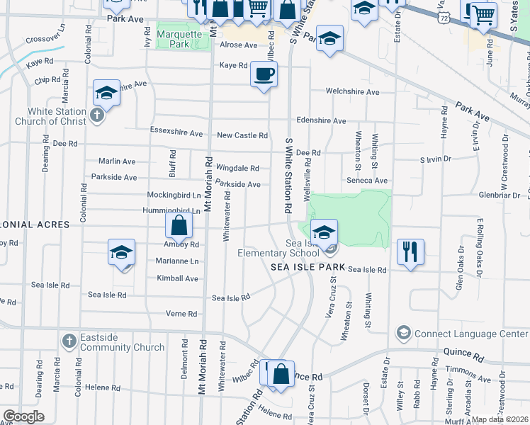 map of restaurants, bars, coffee shops, grocery stores, and more near 1272 Wilbec Road in Memphis