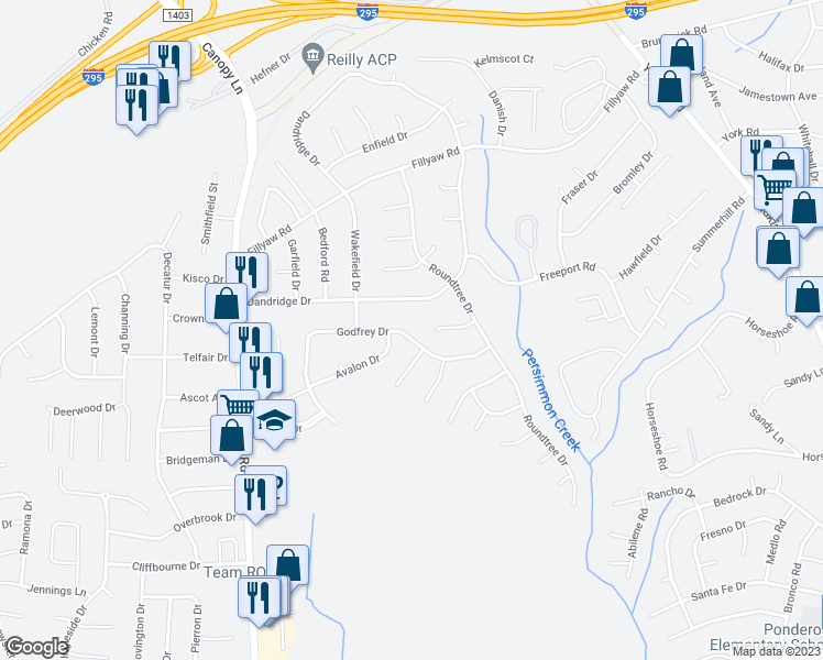 map of restaurants, bars, coffee shops, grocery stores, and more near 7218 Godfrey Drive in Fayetteville