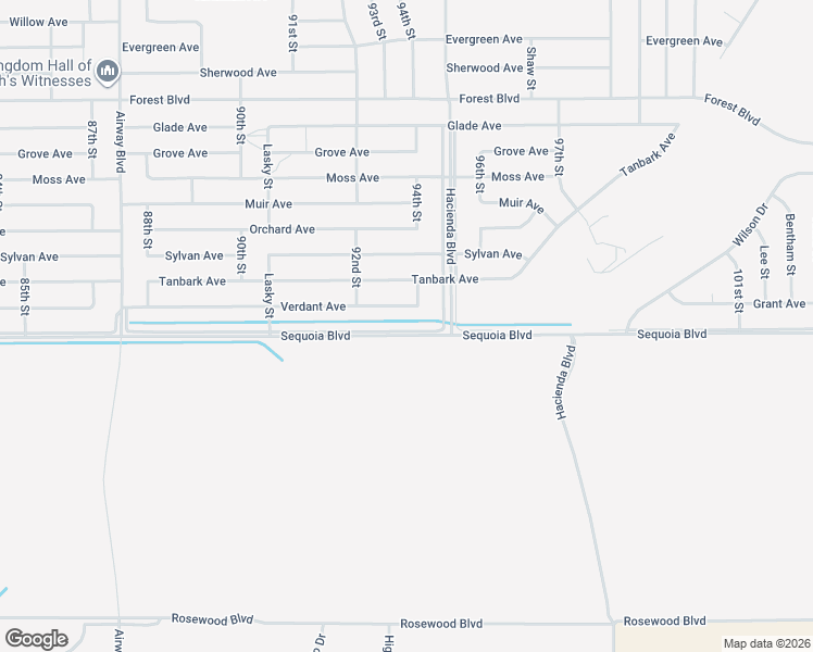 map of restaurants, bars, coffee shops, grocery stores, and more near 2 Sequoia Boulevard in Kern County