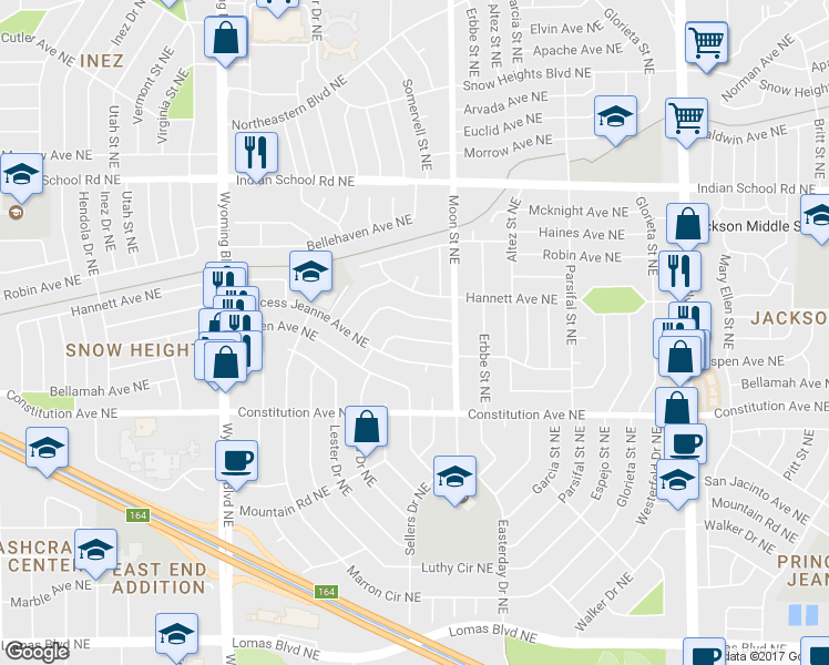 map of restaurants, bars, coffee shops, grocery stores, and more near 9021 Atkinson Place Northeast in Albuquerque
