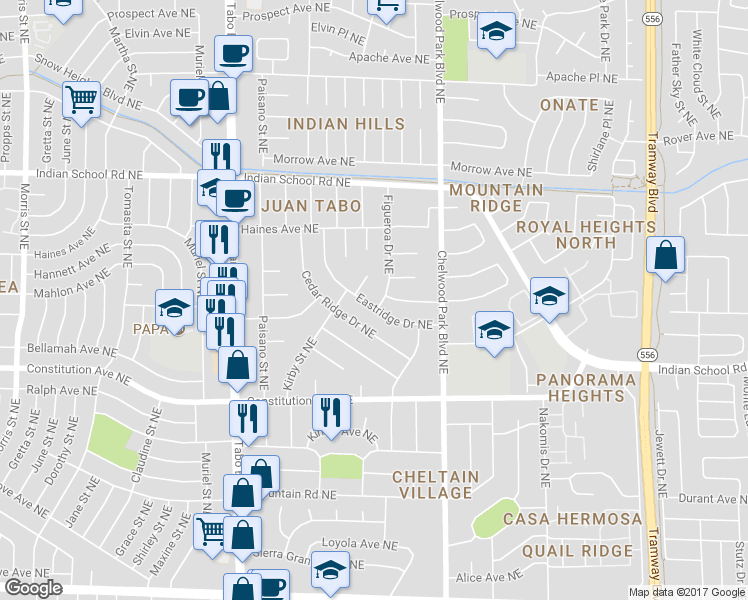 map of restaurants, bars, coffee shops, grocery stores, and more near 1501 Figueroa Drive Northeast in Albuquerque
