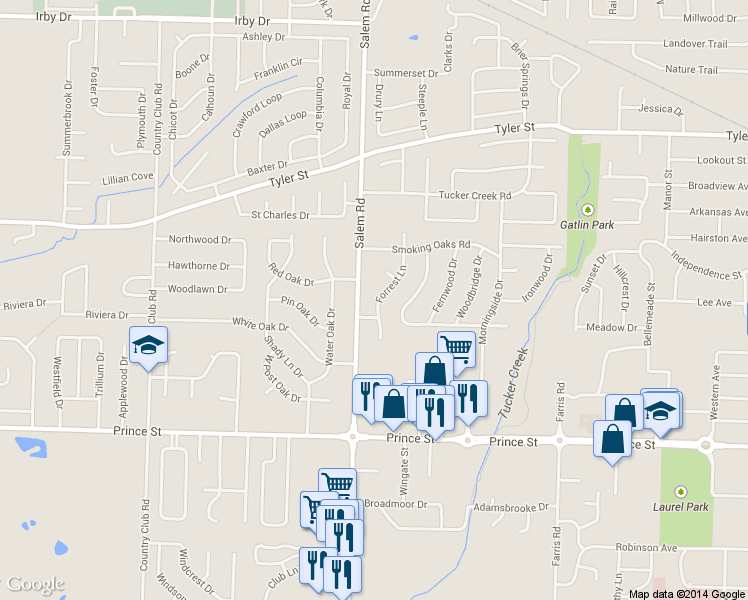 map of restaurants, bars, coffee shops, grocery stores, and more near 7 Forrest Lane in Conway