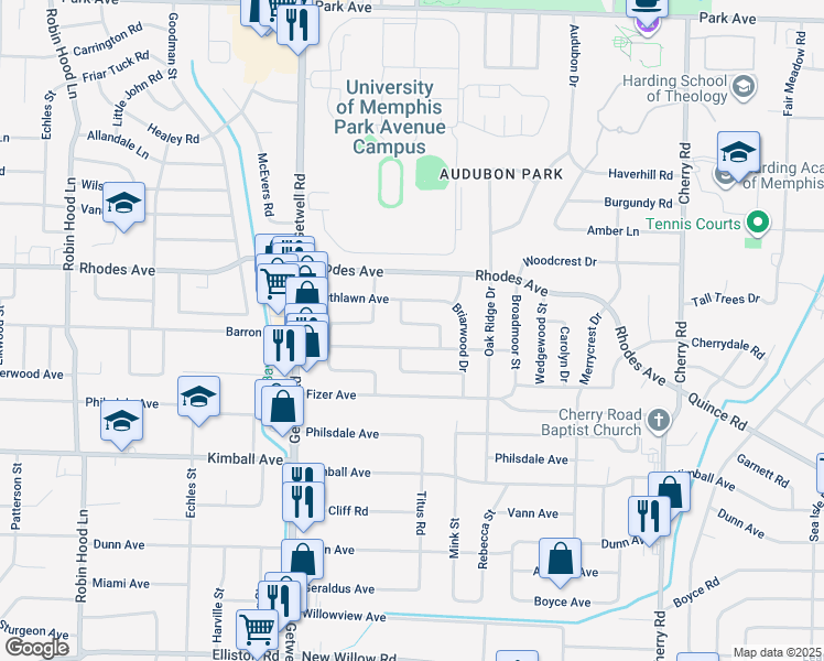 map of restaurants, bars, coffee shops, grocery stores, and more near 4083 Wildwood Drive in Memphis