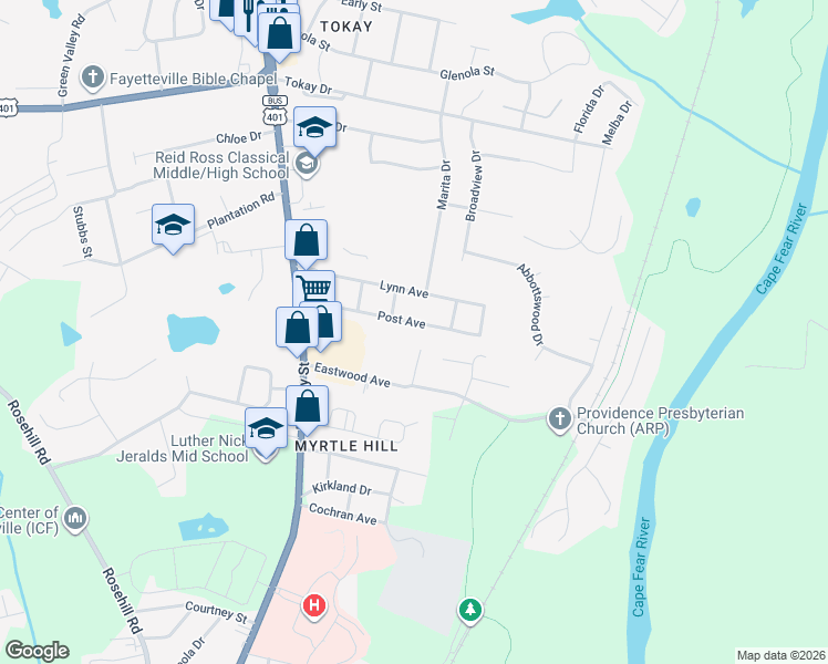 map of restaurants, bars, coffee shops, grocery stores, and more near 308 Post Avenue in Fayetteville