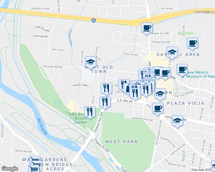 map of restaurants, bars, coffee shops, grocery stores, and more near 2430 Edna Avenue Northwest in Albuquerque