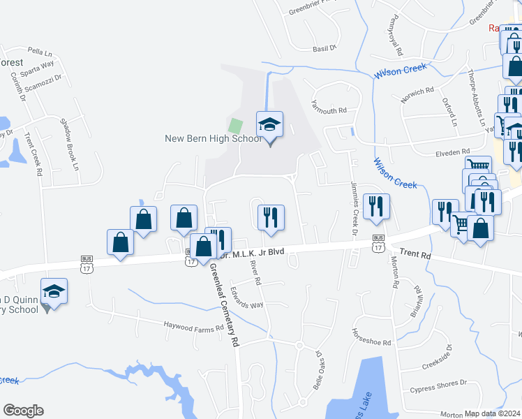 map of restaurants, bars, coffee shops, grocery stores, and more near 4023 Arbor Green Way in New Bern