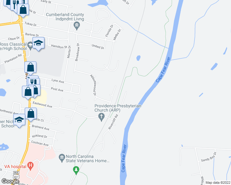 map of restaurants, bars, coffee shops, grocery stores, and more near 3016 Copenhagen Drive in Fayetteville