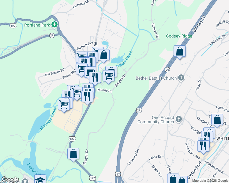 map of restaurants, bars, coffee shops, grocery stores, and more near 700 Runyan Drive in Chattanooga