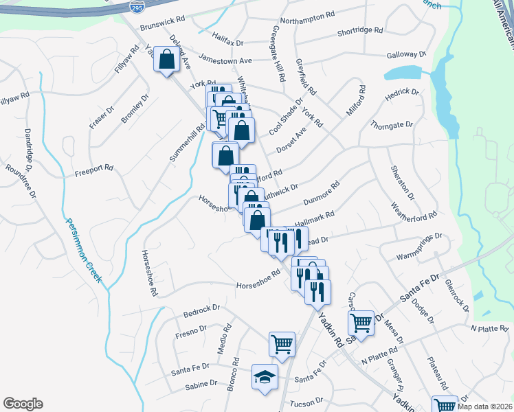 map of restaurants, bars, coffee shops, grocery stores, and more near 6051 Yadkin Road in Fayetteville