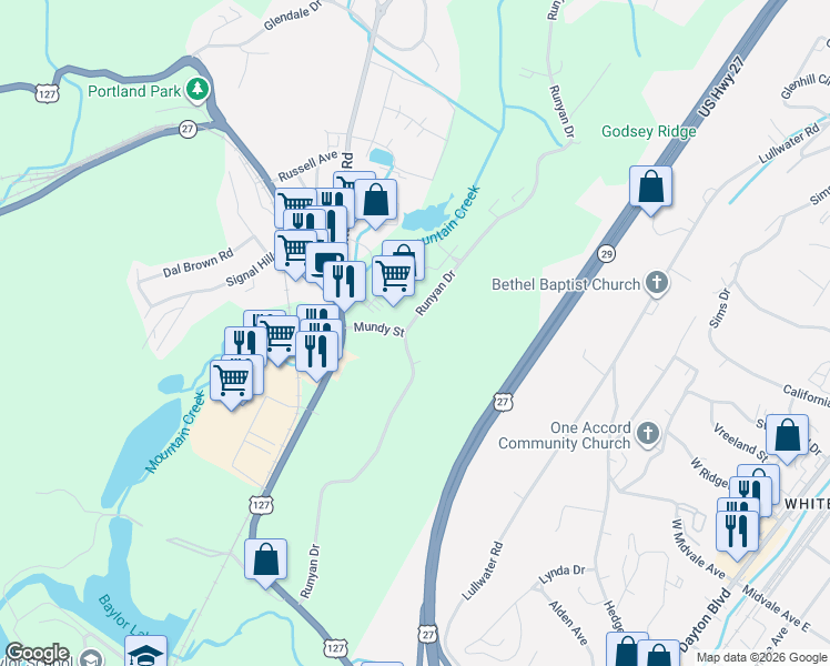 map of restaurants, bars, coffee shops, grocery stores, and more near 700 Runyan Drive in Chattanooga