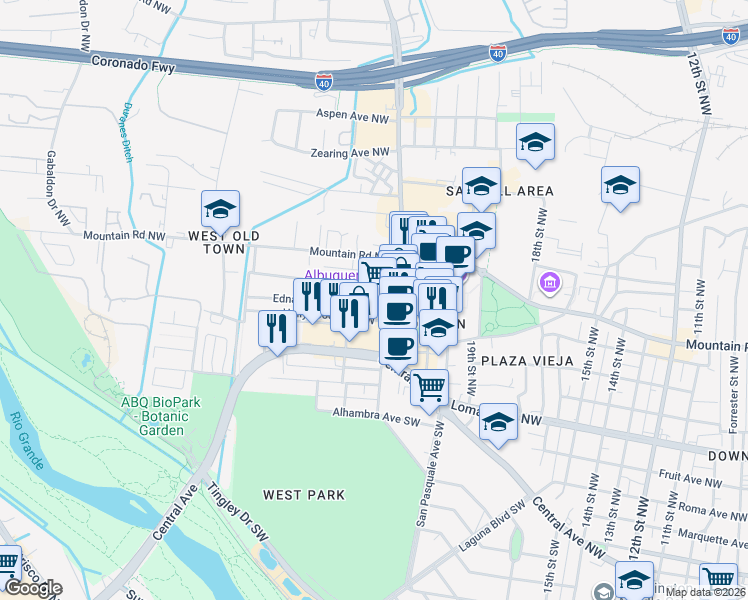 map of restaurants, bars, coffee shops, grocery stores, and more near 2129 Edna Avenue Northwest in Albuquerque