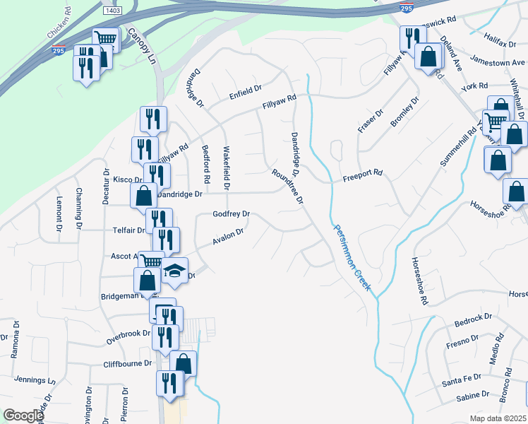 map of restaurants, bars, coffee shops, grocery stores, and more near 7218 Godfrey Drive in Fayetteville