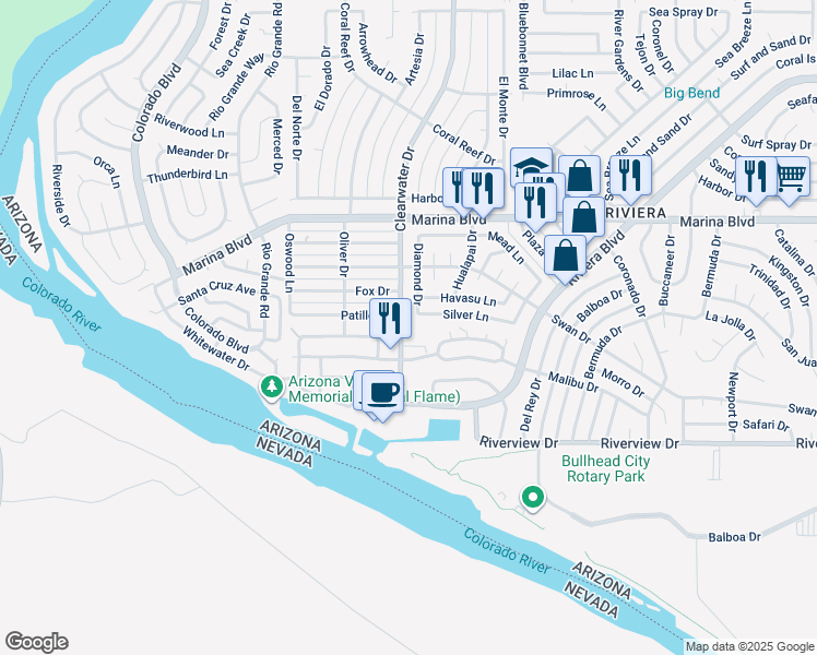 map of restaurants, bars, coffee shops, grocery stores, and more near 2126 Clearwater Drive in Bullhead City