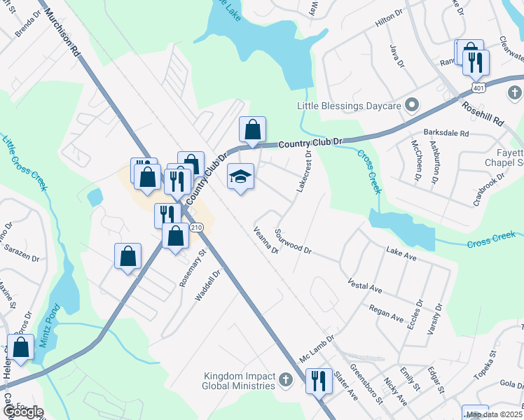map of restaurants, bars, coffee shops, grocery stores, and more near 1705 Veanna Drive in Fayetteville