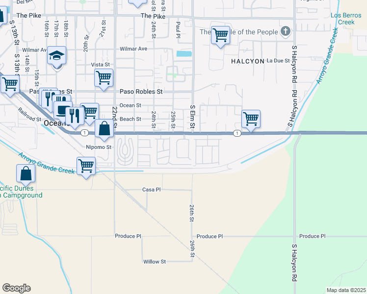 map of restaurants, bars, coffee shops, grocery stores, and more near 2550 Cienaga Street in Oceano