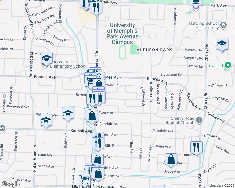 map of restaurants, bars, coffee shops, grocery stores, and more near 1258 Dogwood Drive in Memphis