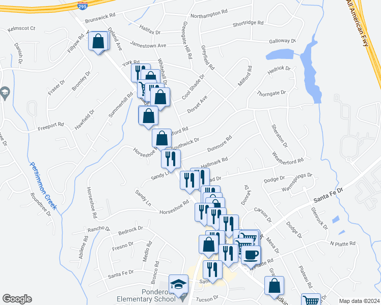 map of restaurants, bars, coffee shops, grocery stores, and more near 405 Dunmore Road in Fayetteville