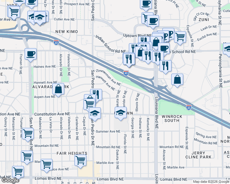 map of restaurants, bars, coffee shops, grocery stores, and more near 6043 Aspen Avenue Northeast in Albuquerque