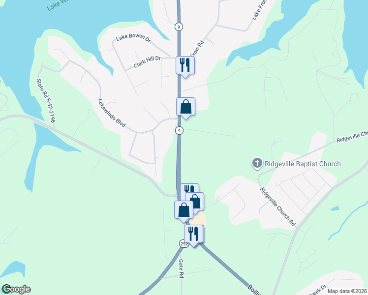 map of restaurants, bars, coffee shops, grocery stores, and more near 7520 South Carolina 9 in Inman