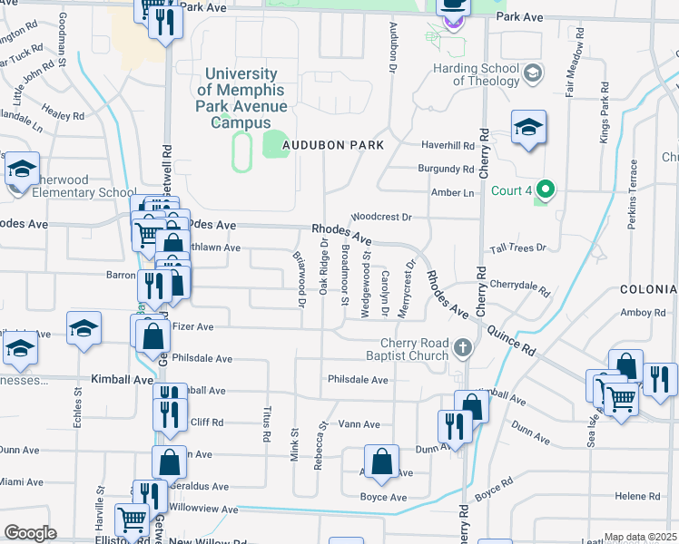 map of restaurants, bars, coffee shops, grocery stores, and more near 1278 Broadmoor Street in Memphis
