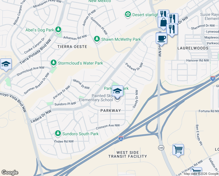 map of restaurants, bars, coffee shops, grocery stores, and more near 8301 Glynview Court Northwest in Albuquerque