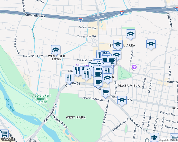 map of restaurants, bars, coffee shops, grocery stores, and more near 2129 Edna Avenue Northwest in Albuquerque