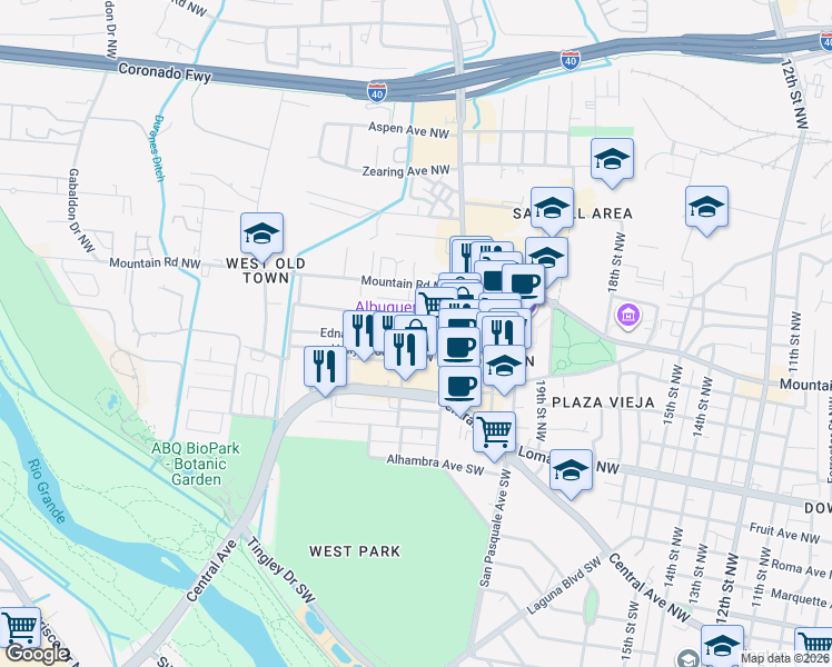 map of restaurants, bars, coffee shops, grocery stores, and more near 2129 Edna Avenue Northwest in Albuquerque