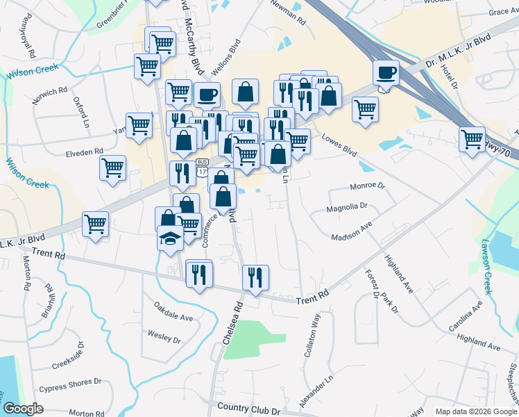 map of restaurants, bars, coffee shops, grocery stores, and more near 1425 Red Robin Lane in New Bern