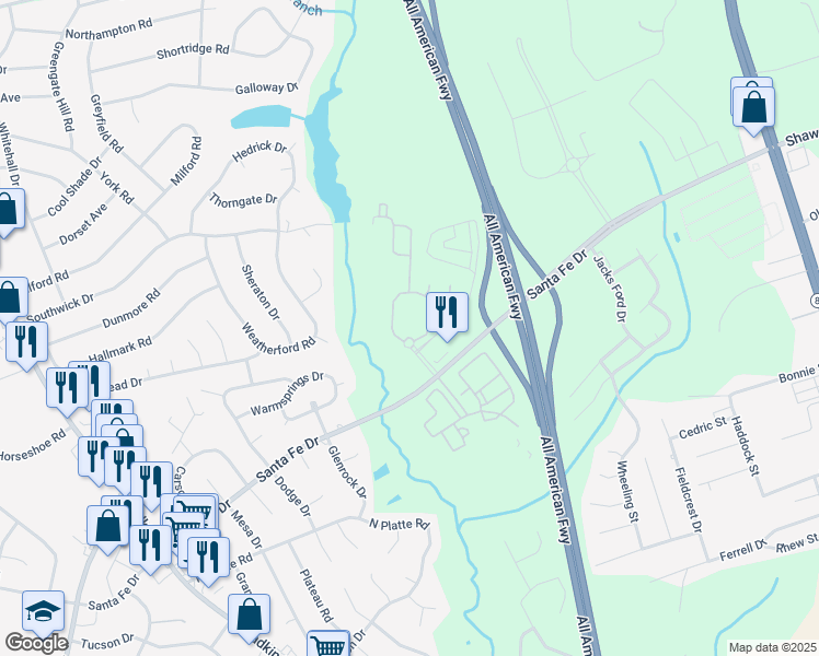 map of restaurants, bars, coffee shops, grocery stores, and more near 3120 Harmony Hall Way in Fayetteville