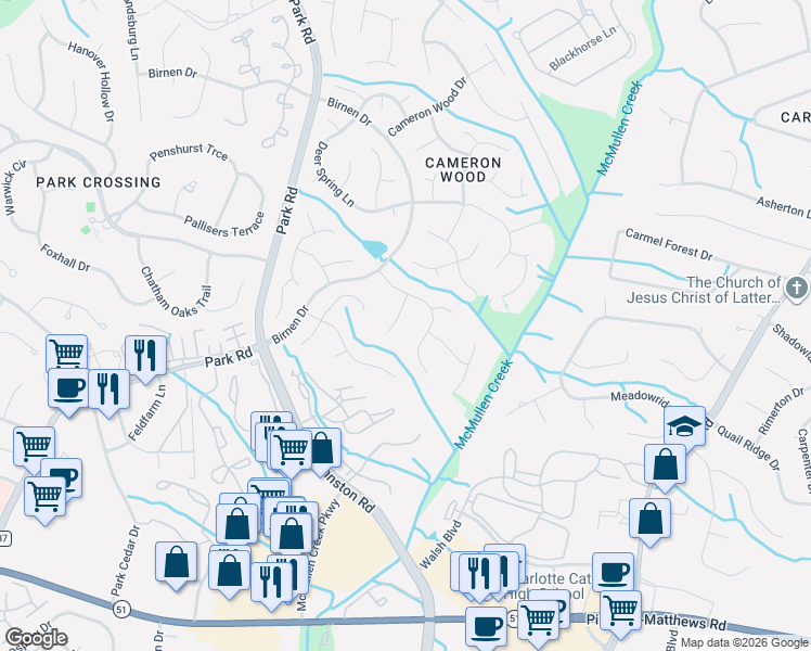 map of restaurants, bars, coffee shops, grocery stores, and more near 3440 Loch Stone Court in Charlotte