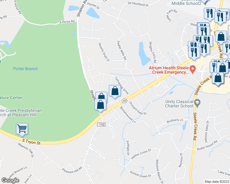 map of restaurants, bars, coffee shops, grocery stores, and more near 13949 Singleleaf Lane in Charlotte