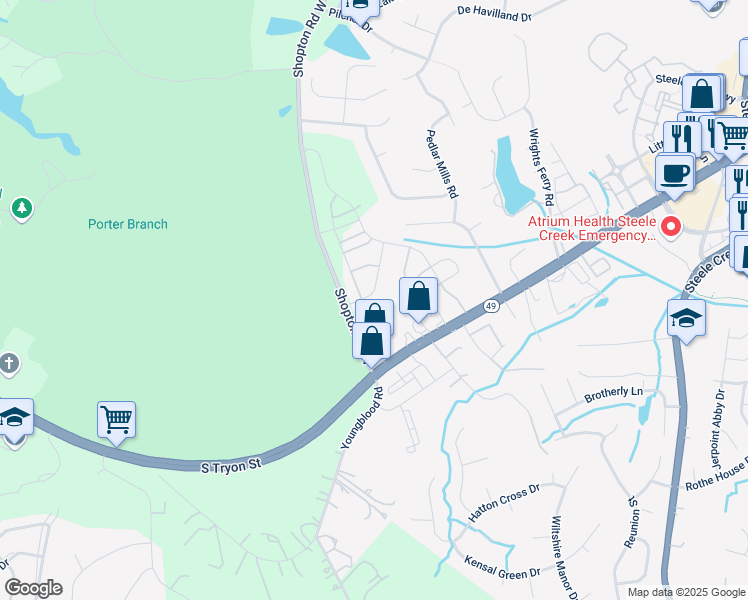 map of restaurants, bars, coffee shops, grocery stores, and more near 13979 Singleleaf Lane in Charlotte