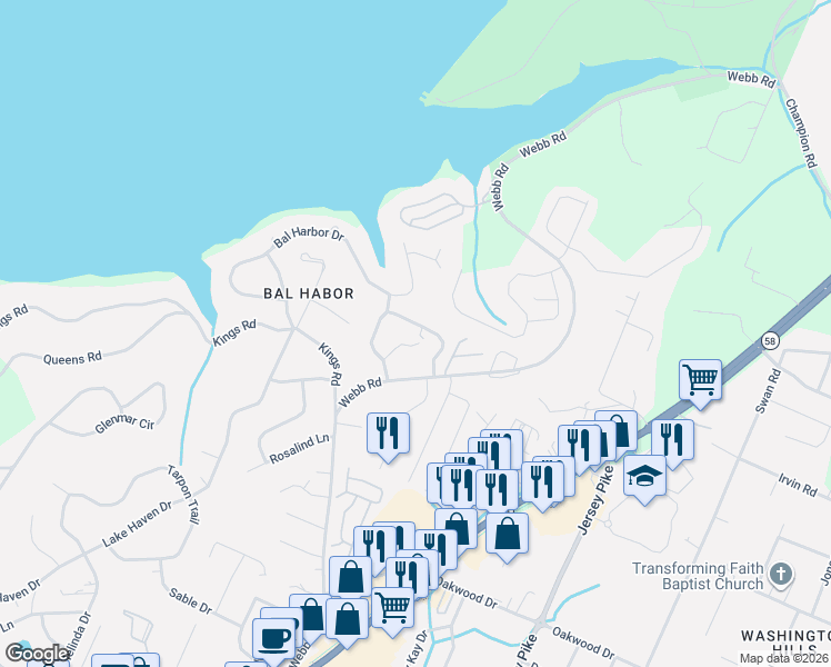 map of restaurants, bars, coffee shops, grocery stores, and more near 4115 Harbor Hills Road in Chattanooga